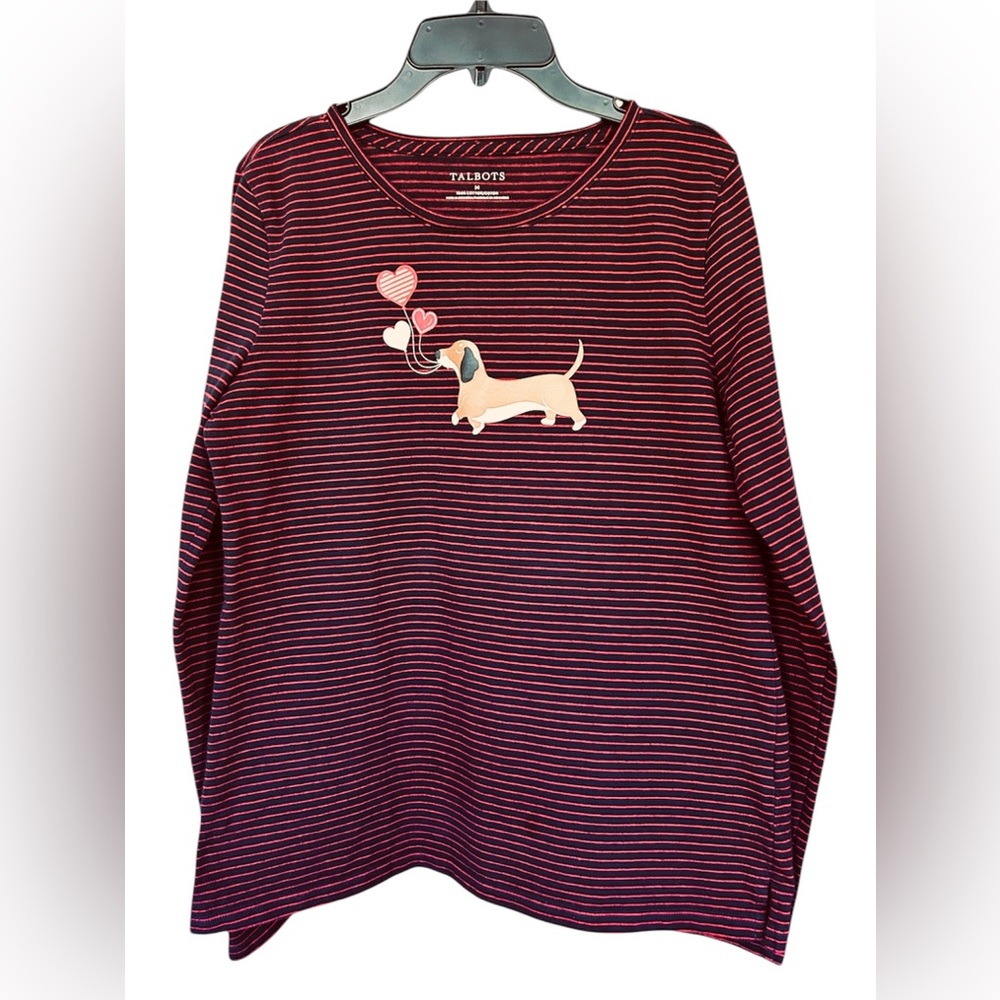 Talbots Red Striped Dachshund Dog Heart Balloons Long Sleeve Tee Top Size M